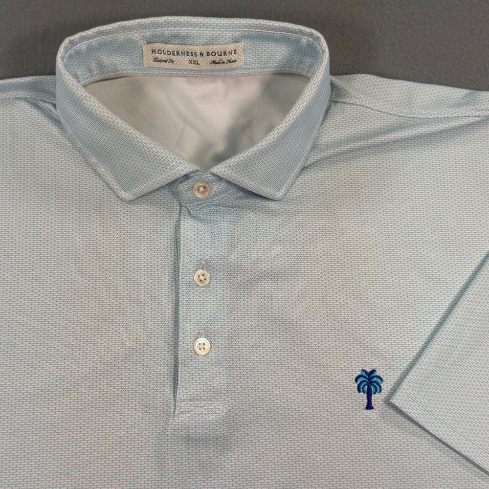 Holderness & Bourne Mens XXL Tailored Fit Golf Polo Light Blue Palm Tree Logo